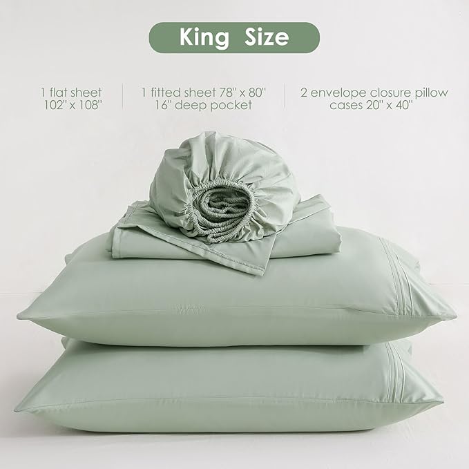 JSD Sage Green King Sheet Set with Side Pocket Corner Straps, 4 Piece Soft Microfiber Bed Sheets Extra Deep Pocket