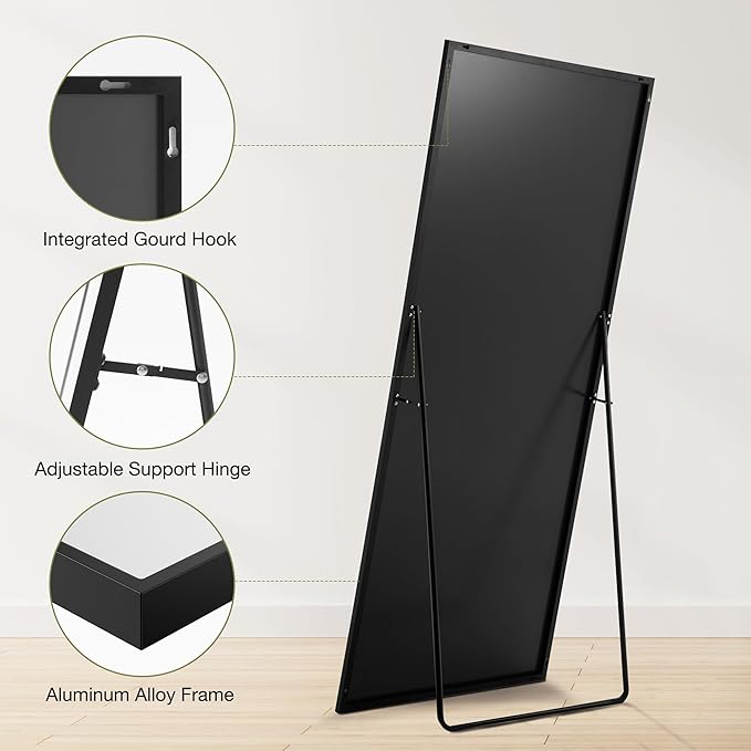 DUMOS Full Length Mirror 64"x21" Full Body Floor Mirror for Bedroom or Cloakroom, Can Stand Alone, Hang or Lean Against Wall, Tall Wall Mirror with Stand, Black