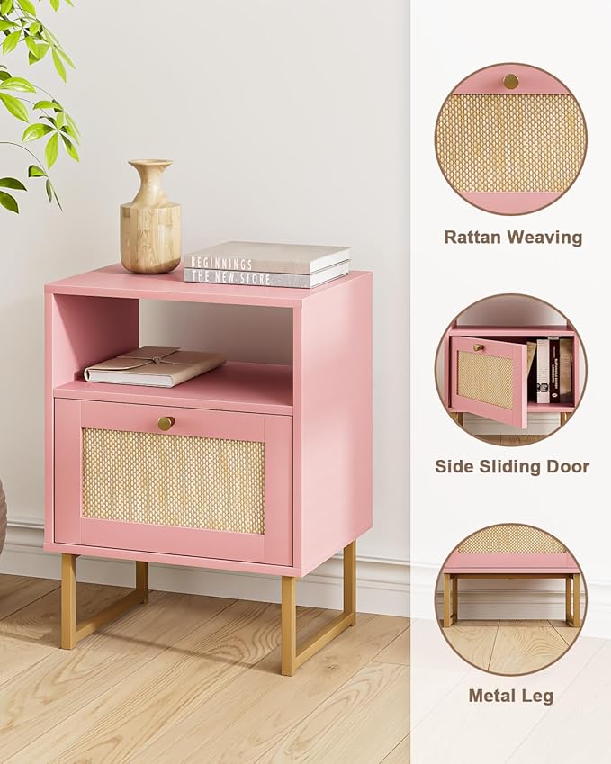 Rattan Nightstand, Boho Night Stand Farmhouse Wood Bedside Table with Storage and Open Shelf, End Side Accent Table for Bedroom,Living Room,Pink