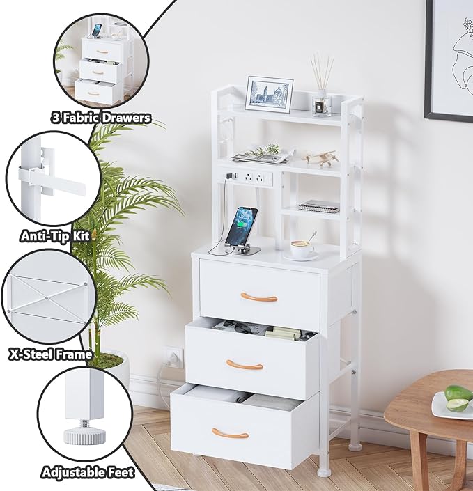 Furnulem Tall Nightstand with LED Lights and 3 Tier Shelves, Night Stand with 3 Fabric Drawers, 45.3inch Tall Bedside Tables with USB Ports and Outlets in Bedroom, Dorm, Office (White)