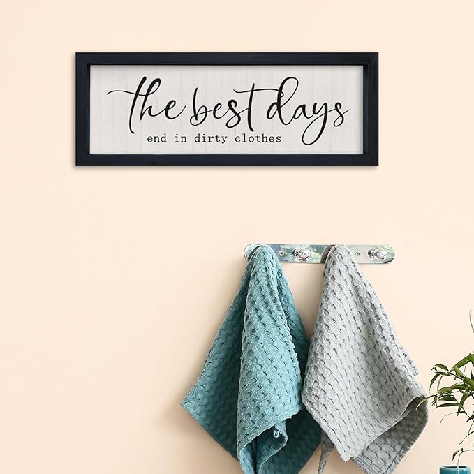 comurdyo Laundry Sign Wall Decor 16"×6" The Best Days End In Dirtiest Clothes Funny Laundry Room Bathroom Wood Framed Hanging Wall Art (Black)
