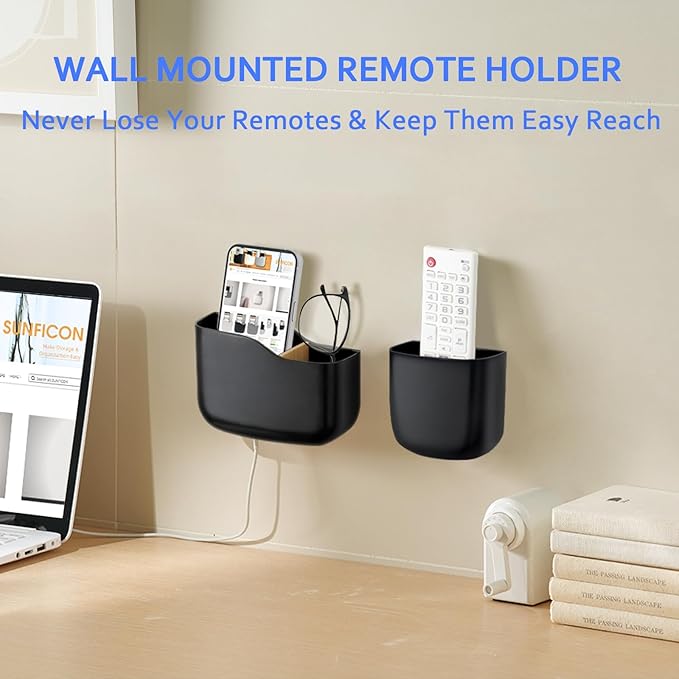 SUNFICON Wall Mount Remote Holder TV FAN Remote Control Holder Bedside Caddy Wall Organizer Phone Holder for Office Adhesive Media Player Controller Holder Box Tray Home Desk Nightstand Black 6 Small