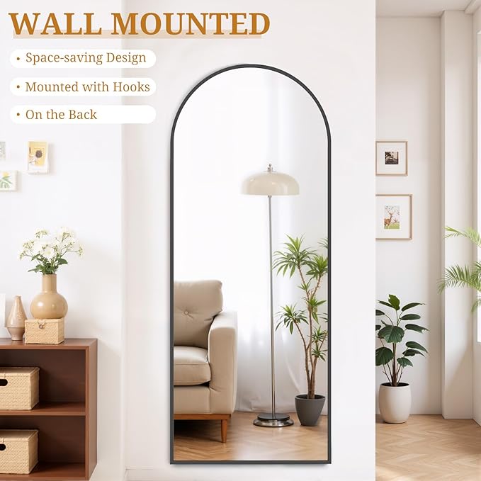 Full Length Mirror 65"x24" Full Body Mirror Arched Free Standing Wall Mounted Leaning Floor Mirrors with Stand Aluminum Alloy Frame for Bedroom Cloakroom, Black