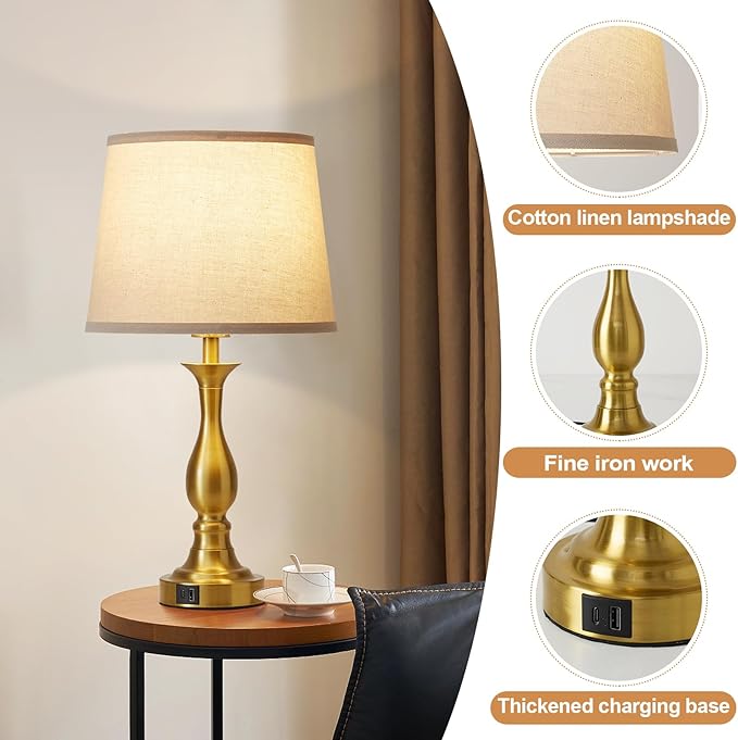 Bedside Table Lamp Touch Control Bedroom Lamps with USB A and C Charging Port 3 Way Dimmable Touch Lamps for Nightstand Living Room Bedroom Dorm Home Office Reading, Set of 2