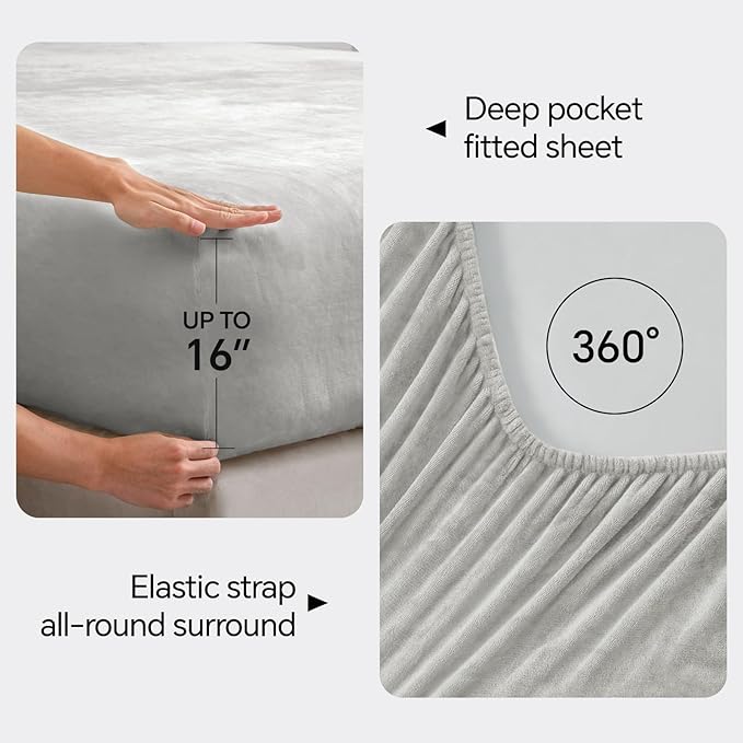 BEDELITE Flannel Sheets Full Size Light Grey - Super Soft Fleece Sheets Set Fluffy Extra Plush, 4 Piece(Include Fitted Sheet, Flat Sheet, 2 Pillowcases)