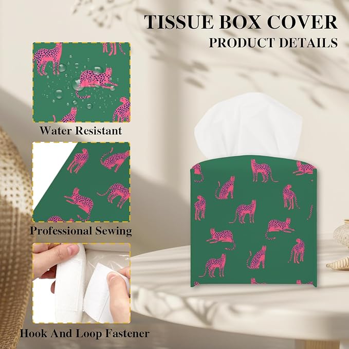 Pink Green Cheetah Tissue Box Cover, Modern Tissue Holder Square with Bottom Belt for Home Bathroom Office Car Nightstand Vanity Desk, Housewarming Gifts Ideas for Women Friends Mom -20