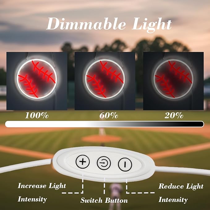 Baseball Neon Sign for Wall Decor, Dimmable LED Light for Bedroom Sports Room Decor, Baseball Gifts for Boys 8-12, 9 x 9 Inches
