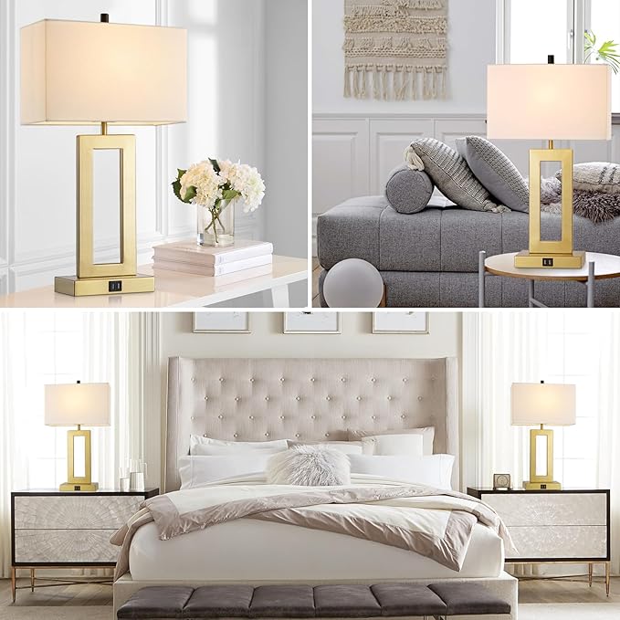 Gold Table Lamps Set of 2 with Dual USB Ports,3-Way Dimmable Touch Control Bedside Lamps,22inch Tall Modern Bedroom Table Lamp for Living Room,Nightstand LED Bulbs Included