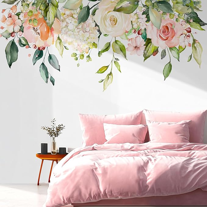Flowers Leaves Wall Decals Peel and Stick, Large Floral Flowers Wall Stickers, Removable Vine Home Decor Art for Bedroom Living Room Classroom Office