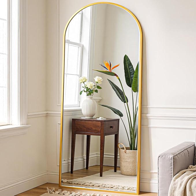 NEWBULIG Arched Full Length Mirror 71.1"x26" for Bedroom, Full Body Mirror with Stand, Hanging or Leaning for Wall, Aluminum Alloy Thin Frame Floor Standing for Living Room, Long, Classical Gold