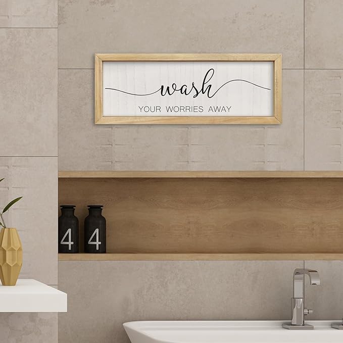 comurdyo Funny Laundry Room Plaque Wash Your Worries Away Bathroom Sign Wall Decor Inspirational Quote 16×6 Inch for above the Bathtub Restroom Small Wooden Framed Wall Hanging Art (Wood)