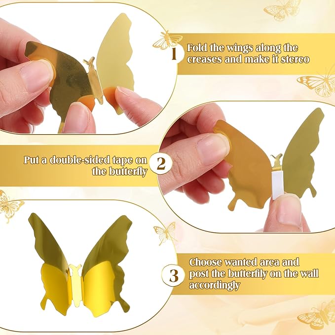 BBTO 48 Pieces Butterfly Wall Decor DIY 3D Mirror Butterfly Stickers Removable Decals Crafts for Birthday Party Bedroom School Bathroom Living Room Decor(Gold,Silver)