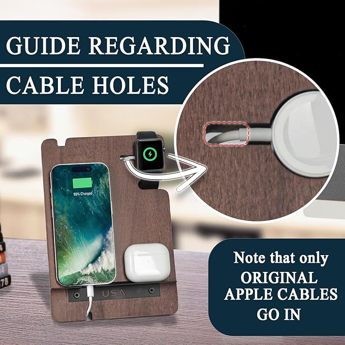 J JACKCUBE DESIGN Wood Charging Docking Station, Phone Watch Charge Dock Stand Multi Device Nightstand Organizer Holder for Smartphone Cellphone Accessories Bedside Caddy -MK243B