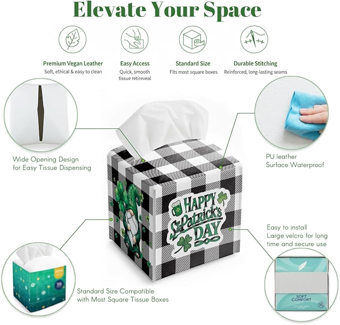 St.Patrick's Day Napkin Tissue Box Cover, Buffalo Plaid Gnome Waterproof Leather Paper Organizer Dispenser for Table Dining, Bathroom, Nightstand Vanity, Car, Housewarming Gift Ideas, G
