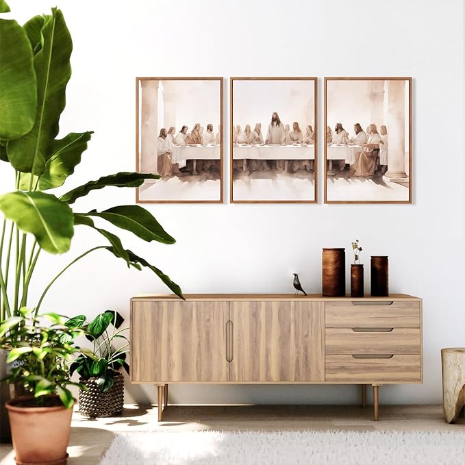 CHDITB Jesus Last Supper Framed Canvas Wall Art Set Of 3, Christian Twelve Apostle Wall Decor, Scripture Jesus Wall Painting,Bible Renaissance Easter Art Prints For Dining Room Church (12X16 Inch)