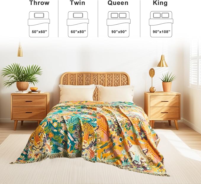 Throw Blanket for Couch Sofa Soft Cotton Spring Blankets for Bedroom Living Room All Season Reversible Leopard Embroidery Reversible Breathable Throws Whimsical Home Decor 50"x60"