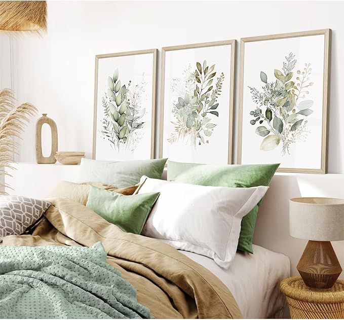 Watercolor Botanical Wall Art Set of 3 Boho Floral Canvas Wall Decor Prints Sage Green Wildflower Wall Art Modern Flower Pictures Botanical Painting for Bedroom Bathroom 16x24 Inch Wood Framed