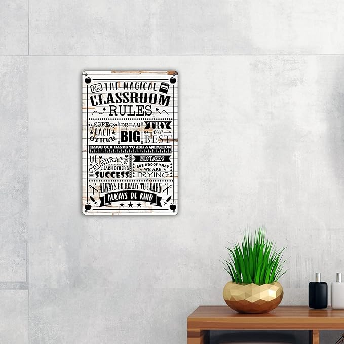 QIONGQI Funny classroom Rules Metal Tin Sign Wall Decor Rustic Farmhouse Classroom Sign Decor Gifts(Wooden Style)