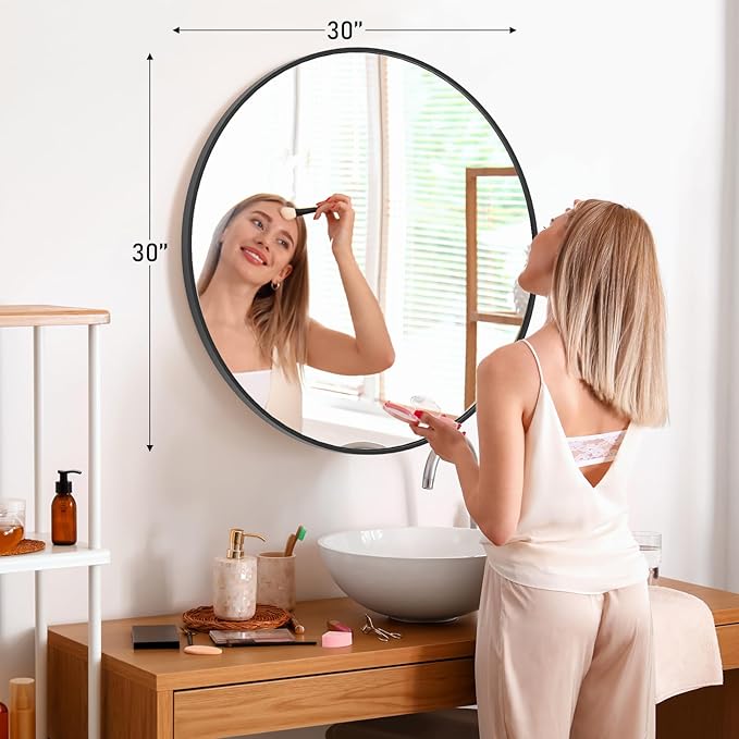 Sweetcrispy 30-inch Black Round Wall Mirror, Circle Bathroom Mirrors with Metal Frame, Wall-Mounted Mirrors for Living Room, Bathroom, Entryway