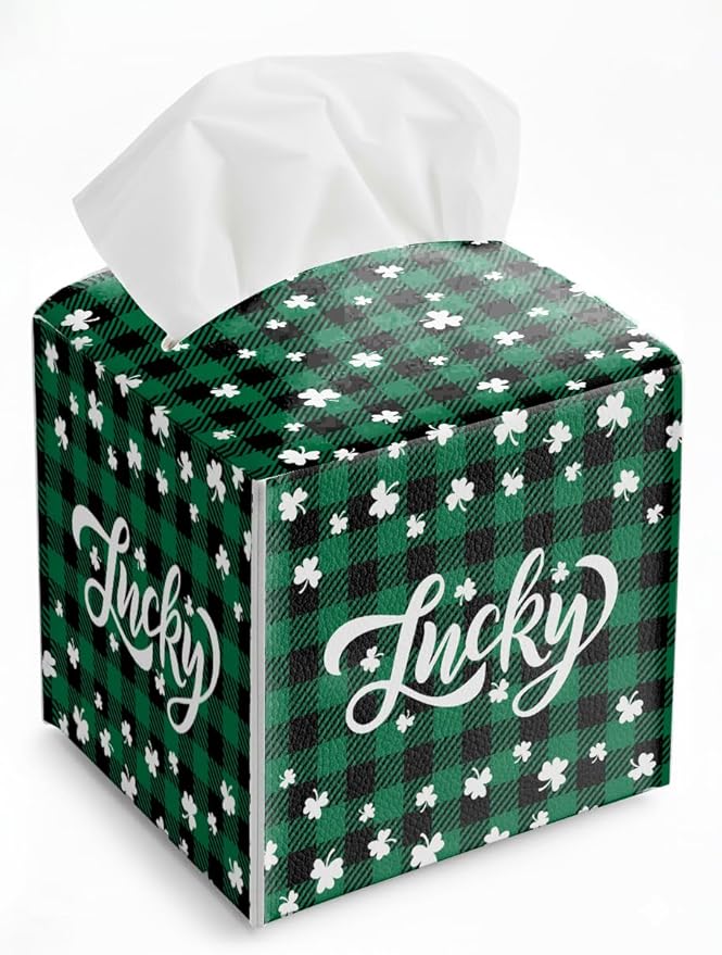 St.Patrick's Day Napkin Tissue Box Cover, Buffalo Plaid Shamrock Lucky Waterproof Leather Paper Organizer Dispenser for Table Dining, Bathroom, Nightstand Vanity, Car, Housewarming Gift Ideas, D
