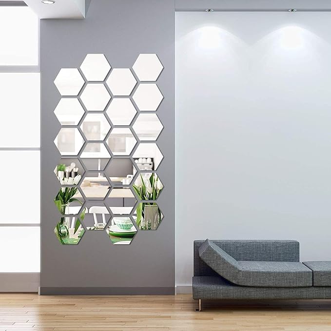 24 Pieces Removable Acrylic Mirror Setting Wall Sticker Decal for Home Living Room Bedroom Decor (Hexagon, 24 Pieces)