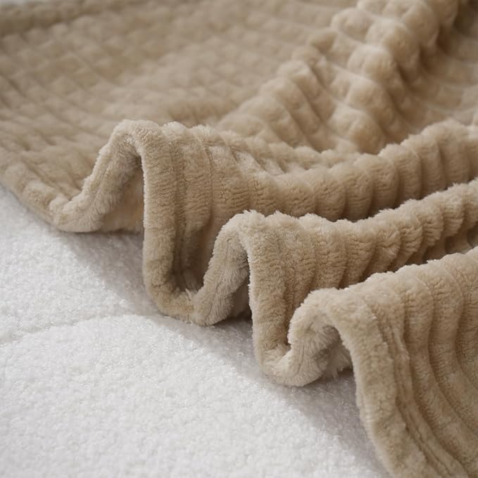 Puncuntex Flannel Fleece Beige Throw Blanket 50"×60",Super Soft Plush Cozy Blanket with 3D Jacquard Square Grid Design Luxury for Couch Sofa Chair,Khaki