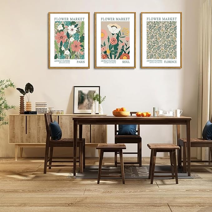 Wodkwq 3 Piece Green Flower Marker Canvas Wall Art Framed,Matisse Flowers Wall decor,Abstrsct Floral Poster,Vintage Minimalist Flowers Painting For Living Room,Bedroom,Office 16x24in