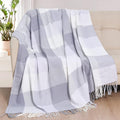 David's Home Buffalo Plaid Throw Blanket- Soft Lightweight Tartan Checker Blanket with Decorative Tassels for Couch Sofa-Outdoor Fringe Lap Throw-Farmhouse Style-50x60 Inches-White+Greyish Blue/Purple