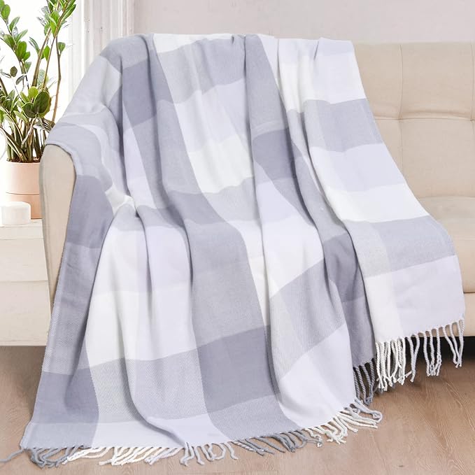 David's Home Buffalo Plaid Throw Blanket- Soft Lightweight Tartan Checker Blanket with Decorative Tassels for Couch Sofa-Outdoor Fringe Lap Throw-Farmhouse Style-50x60 Inches-White+Greyish Blue/Purple