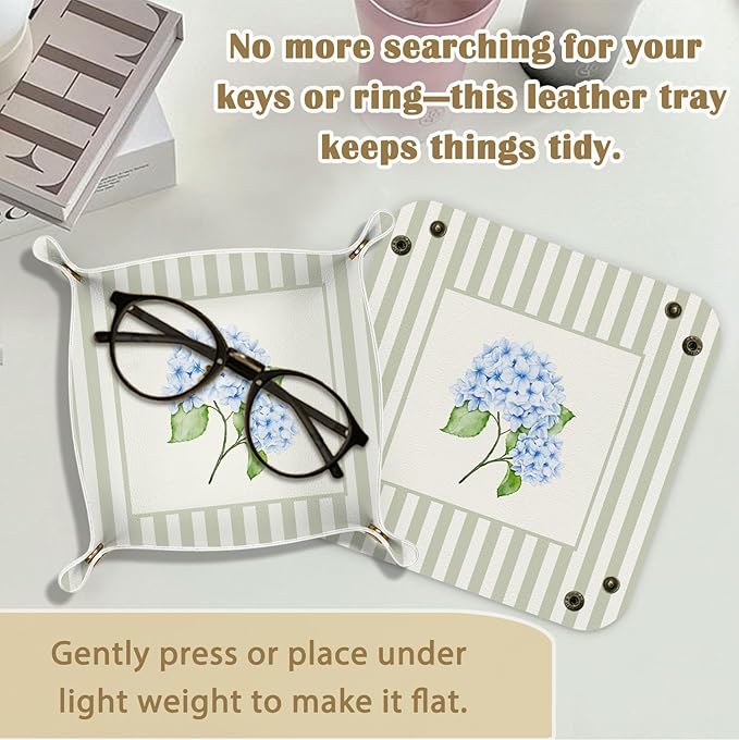 Blue Hydrangea Floral Jewelry Valet Tray for Women, Hydrangea Gifts PU Leather Catchall Beside Caddy Nightstand Organizer Tray for Jewelry Rings Watches Keys and Accessories, 7.87x7.87in