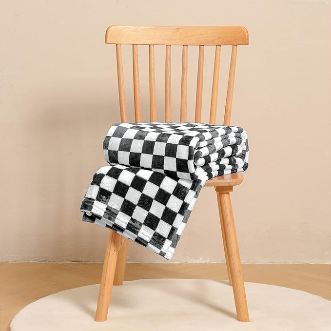 FY FIBER HOUSE Checkered Flannel Fleece Throw Blanket King Size Soft Cozy Checkerboard Grid Print Chessboard Gingham Pattern Blankets for Bed Couch Sofa, 90"x108", Black