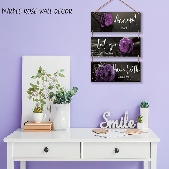 ZINYAZHE 3 Pcs Purple Bathroom Decor Inspirational Wall Decor Wooden Rose Wall Art Bedroom Wall Art With Accept Let Go Have Faith Quotes For Girl Women Office Living Room(Purple 10 x 4 Inch)