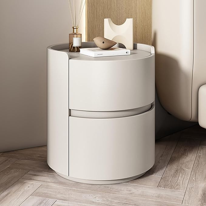 Round Nightstand, Modern End Table Minimalist Bedroom Side Table, Bedside Table with 2 Storage Drawers, Leather Night Stands for Living Room(Beige,15.8x15.8x19.7in)