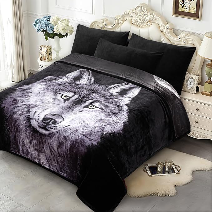JYK Wolf Blanket Soft Korean Style Fleece Bed Blanket, 5.7 LB 520GSM Warm Blanket King 83" X 91, 2 Ply Reversible A&B Pattern, Ideal Gift for Men Adult on Father's Day Birthday Christmas