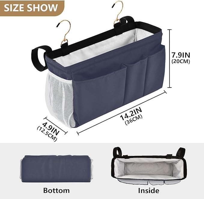 DOMIKING Navy Blue Bedside Caddy for Dorm Bed Recliner Armrest Organizer with Hooks Haning Storage Bag for Bunk Bed Rails Headboards