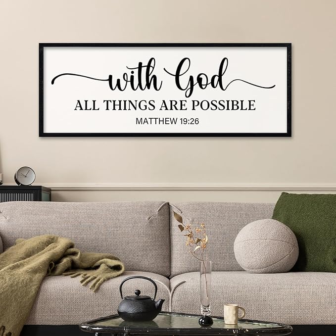 comurdyo With God All Things are Possible Wall Decor 40"X15" Matthew 19:26 Sign Bible Verse Large Wooden Framed Christian Scripture Prayer Wall Hanging Art (Black)