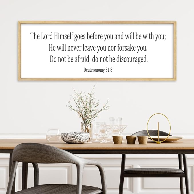 Christian Wall Decor The Lord Himself Will Go Before You He Will Be With You Deuteronomy 3:18 Sign 32"×12" Bible Verse Scripture Sign Large Rustic Wall Hanging Art (Wood)
