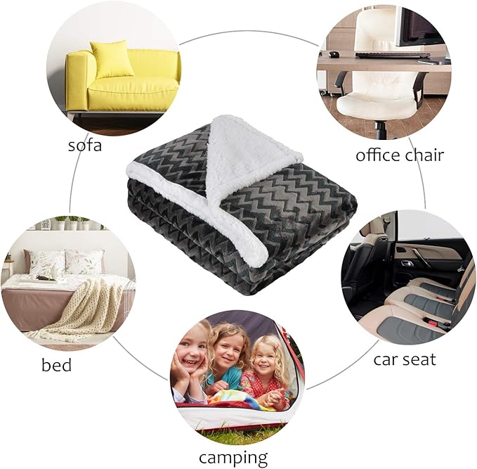 Catalonia Silky Soft Sherpa Throw Blanket, Flannel Chevron Micro Plush Fleece Throws for Couch Sofa TV Bed, Reversible, Comfy, Fuzzy, 50"x60" Charcoal