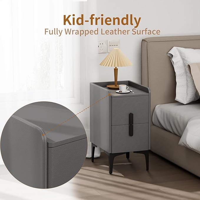 VICITON Narrow Nightstand with 2 Drawers, Narrow Side Table Leather Surface, Slim Bedside Table for Bedrooms, Dormitories, Living Rooms (Light Gray, 15.7" D x 11.8" W x 22.4" H)