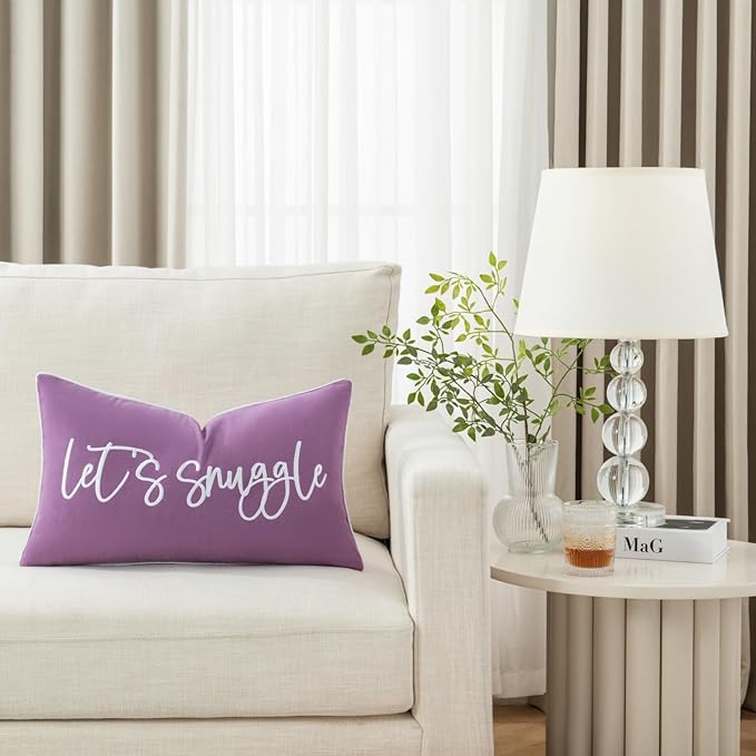 Sunkifover Let's Snuggle Decorative Lumbar Pillow Cover - 14x24 Inch Purple and White Cotton Embroidery Throw Pillowcase for Bed, Bedroom, Living Room, Home Decor