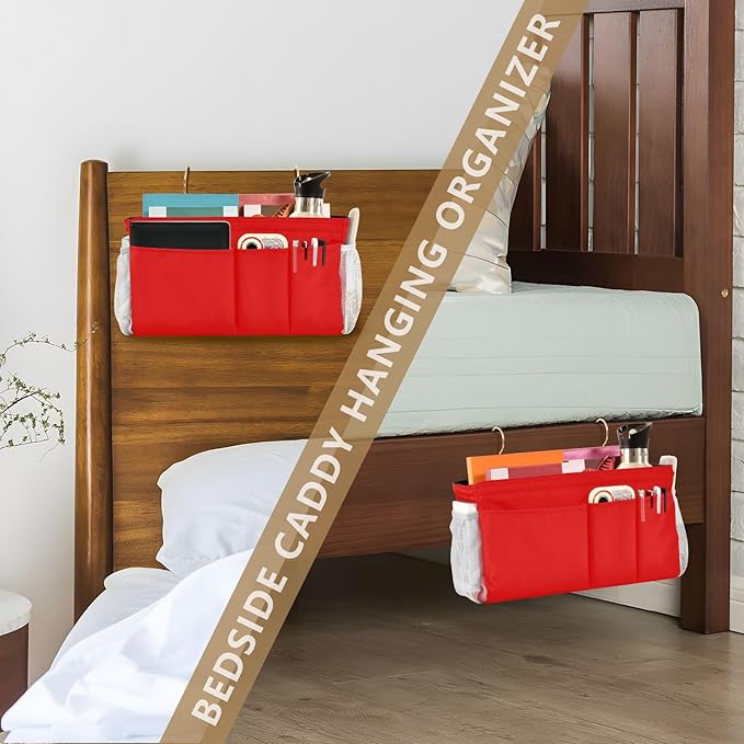 YETTASBIN Red Bedside Caddy Hanging Storage Organizer Bag with 2 Straps & Hooks for Bunk Beds, College Dorm, Hospital Bed - Holder for Books, Phone, Magazine, Glasses, Keys