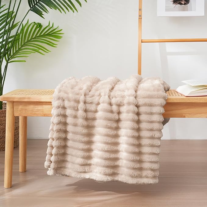 Vessia Flannel Fleece Throw Blanket for Couch,Sofa,Bed, 300GSM Striped Camel Throw Blanket for Adults and Kids, Super Soft Warm Cozy Lightweight Home Decor for All-Season(50x70inch)