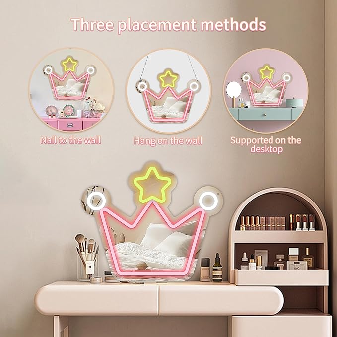 Moneter Anime Crown Mirror with Neon Signs, Wall Mount, Lighted & Neon Signs, Classic & Modern Style, 13.4 x 16 Inches