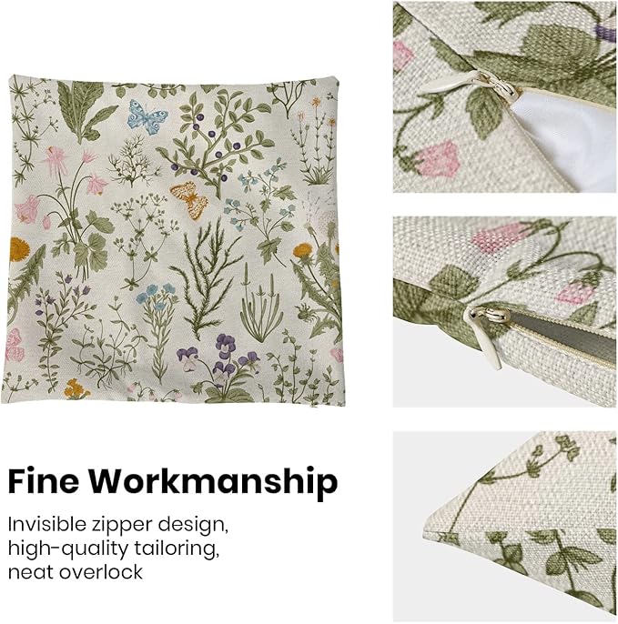 AEIOAE Spring Pillow Covers 16x16 Inch Set of 2,Sage Green Wild Flower Plant Throw Pillows Case,Seasonal Floral Outdoor Decorative Square Linen Farmhouse Decor Cushion Covers for Home Sofa Bed Couch