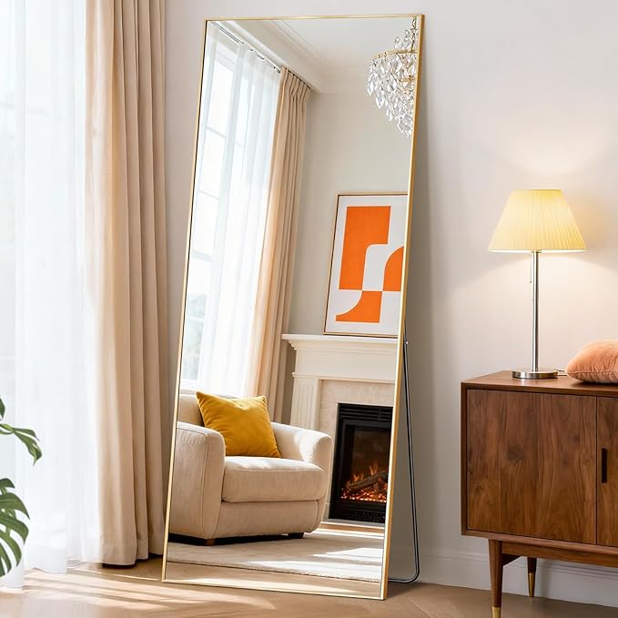 Mirror Full Length, Upgraded Body Wall Mirrors with Shatter-Proof Glass, Floor Standing, Hanging or Leaning, Tall Mirror with Stand Aluminum Alloy Frame for Bedroom