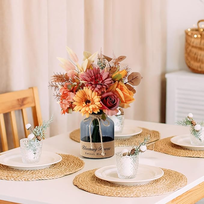 Leftover Fake Fall Flowers in Vase,Artificial Flowers with Vase,Centerpiece Table Decorations,Fall Centerpieces for Tables,Fall Kitchen Decor,Fall Flower Arrangements,Home Decor Living Room