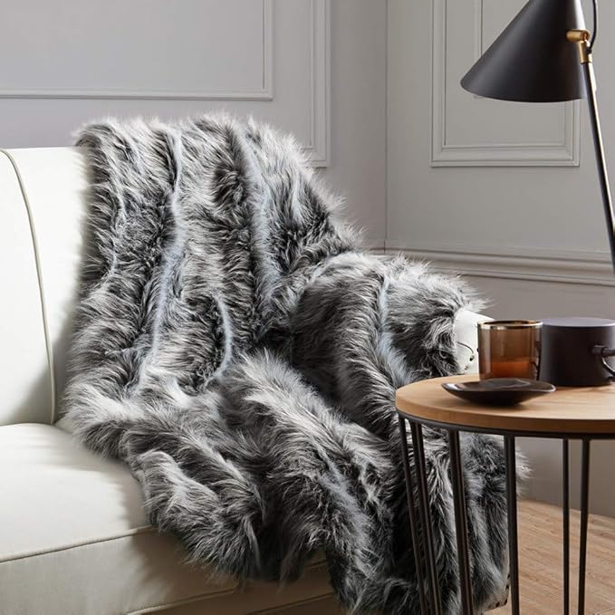 Luxury Faux Fur Throw Blanket, Grey and Black High Pile Mixed Throw Blanket, Super Warm, Fuzzy, Elegant, Fluffy Decoration Blanket Scarf for Sofa, Couch and Bed, 50''x 60''
