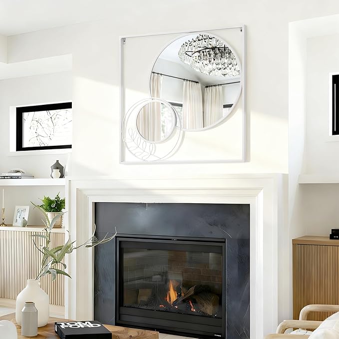 Large White Circle Wall Mirror, Square Wall Mounted Mirror Set Round Modern Art Decorative Mirrors for Living Room Bathroom 30x30 Inch Decor