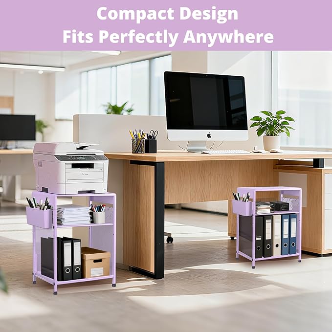 Kids Nightstand, 3-Tier Metal Side Table with Adjustable Storage Shelf, Basket & 3 S-Hooks, Small Bedside Table for Nursery, Toddler Bedroom and Small Spaces (Purple)