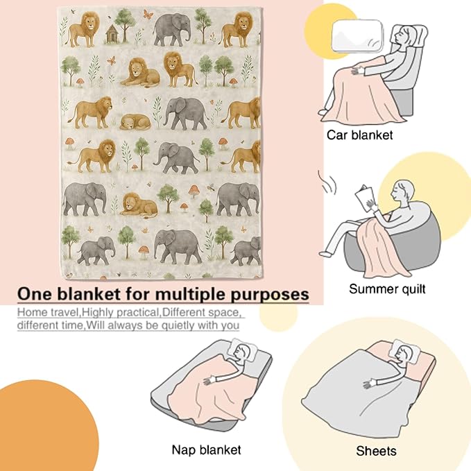 Wildlife Blanket Cute Lion and Elephant in Soft Watercolor Jungle Pattern Throw Blankets Lightweight Flannel Throws for Camping Couch Chair Bed Home Decor Gifts for Animal Lover,60x50inch